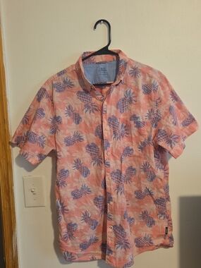Izod Pink Short-Sleeve Button-Up with Blue Pineapple Print